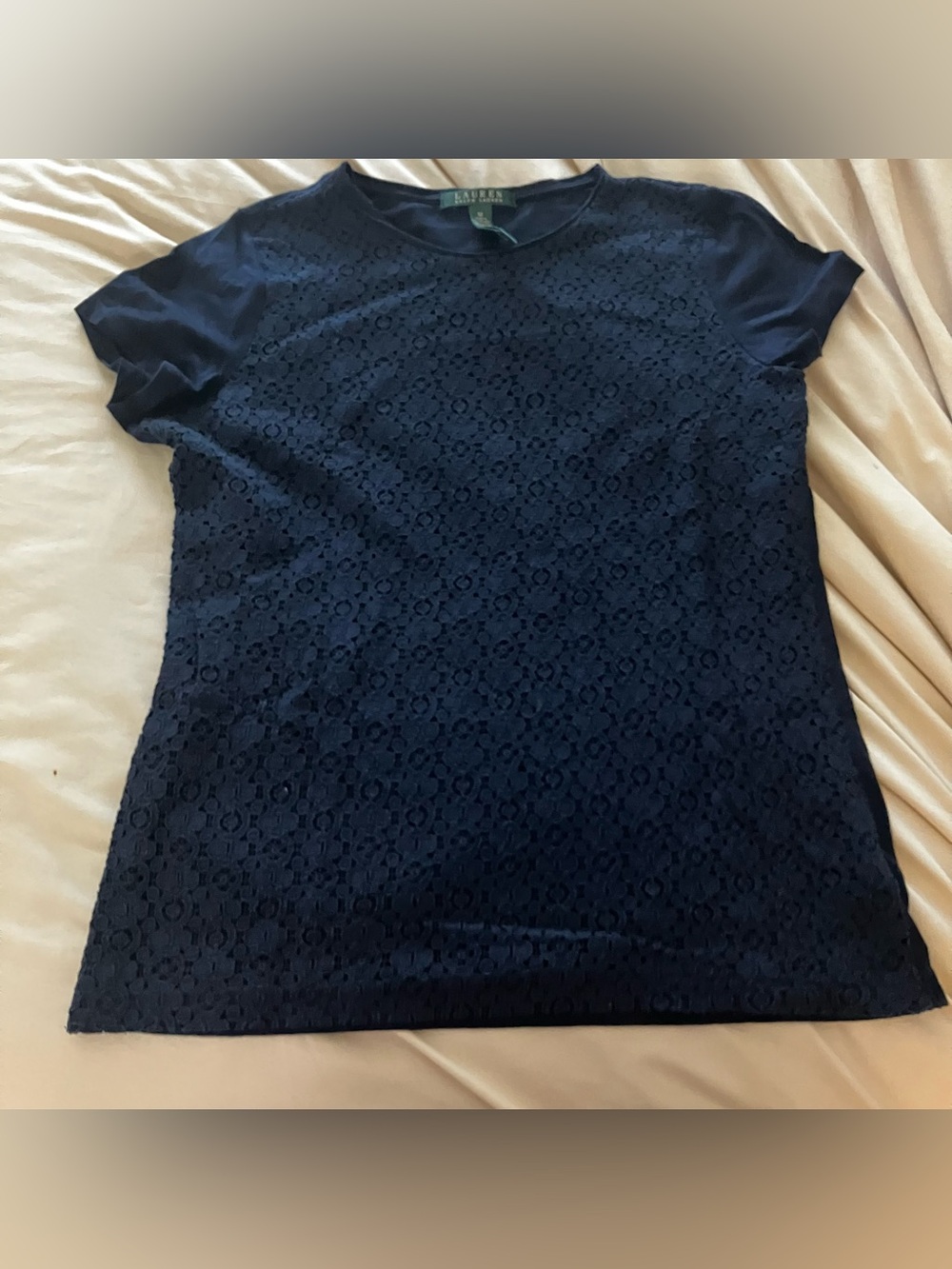 Lauren Ralph Lauren Navy Blue Lace Front Short Sleeve Top Blouse Size M